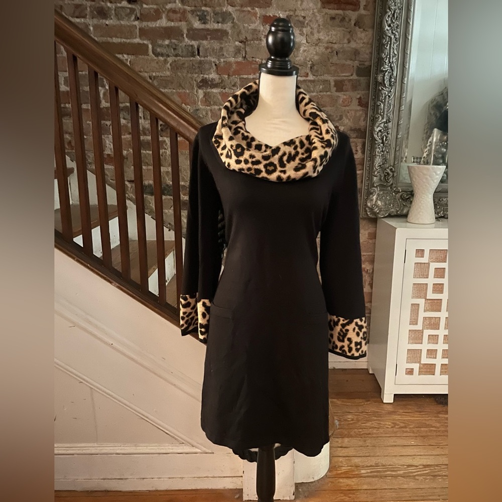 Cute black sweater dress with leopard detail